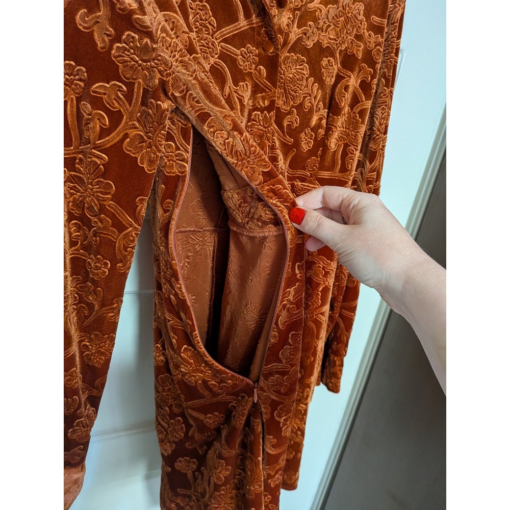 Cider Floral Jacquard Velvet Mini Shirt Dress Burnt Orange Long Sleeve Medium - Picture 6 of 6